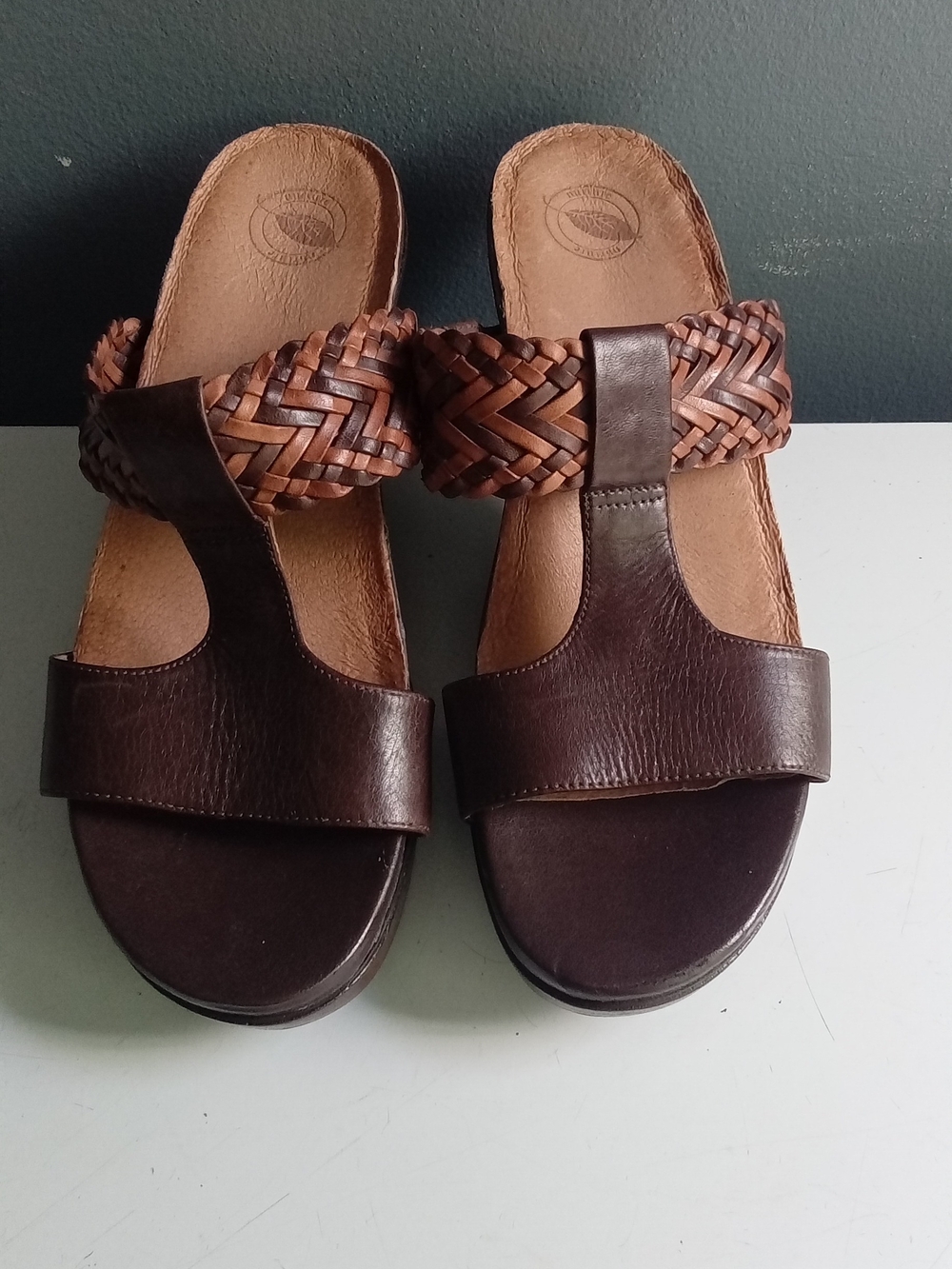 Nurture Brown Leather Woven Strap‎ Platform Wedge Slide Sandals Womens